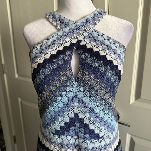 Guess Resortwear Blue Striped Crochet Lace Halter Maxi Dress Size 14 - Picture 6 of 9